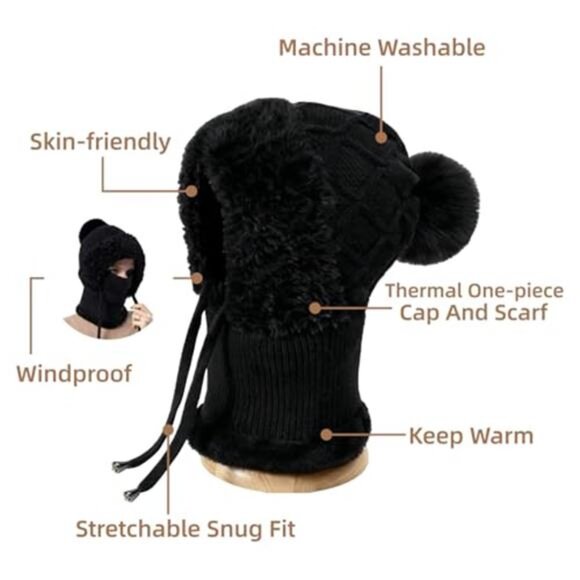 3 in 1 Women\'s Beanie Hat Knitted Balaclava Hat with Scarf Attached main image 4